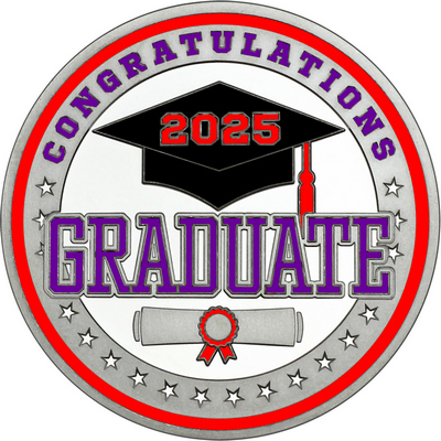 Purple "Congratulations Graduate" with Red 2025, Rim, Tassel & Ribbon
